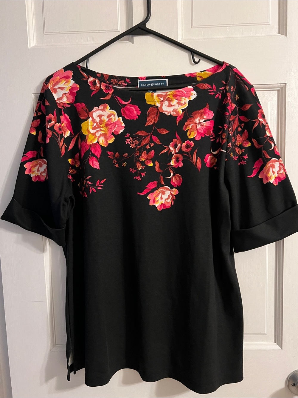 Karen Scott Black Floral Boatneck Blouse with Pink & Yellow Blossoms